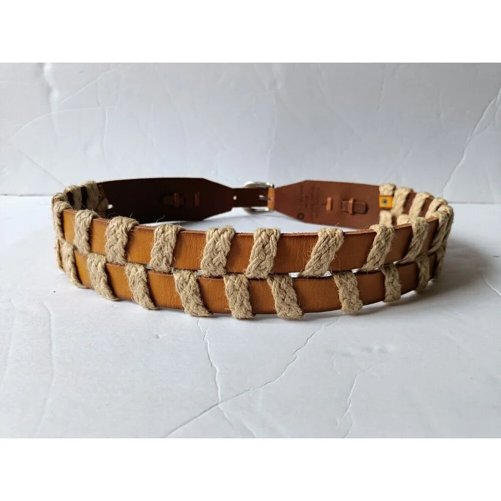 Linea Pelle Large Tan Leather Belt Silver Bohemian Eclectic Contemporary